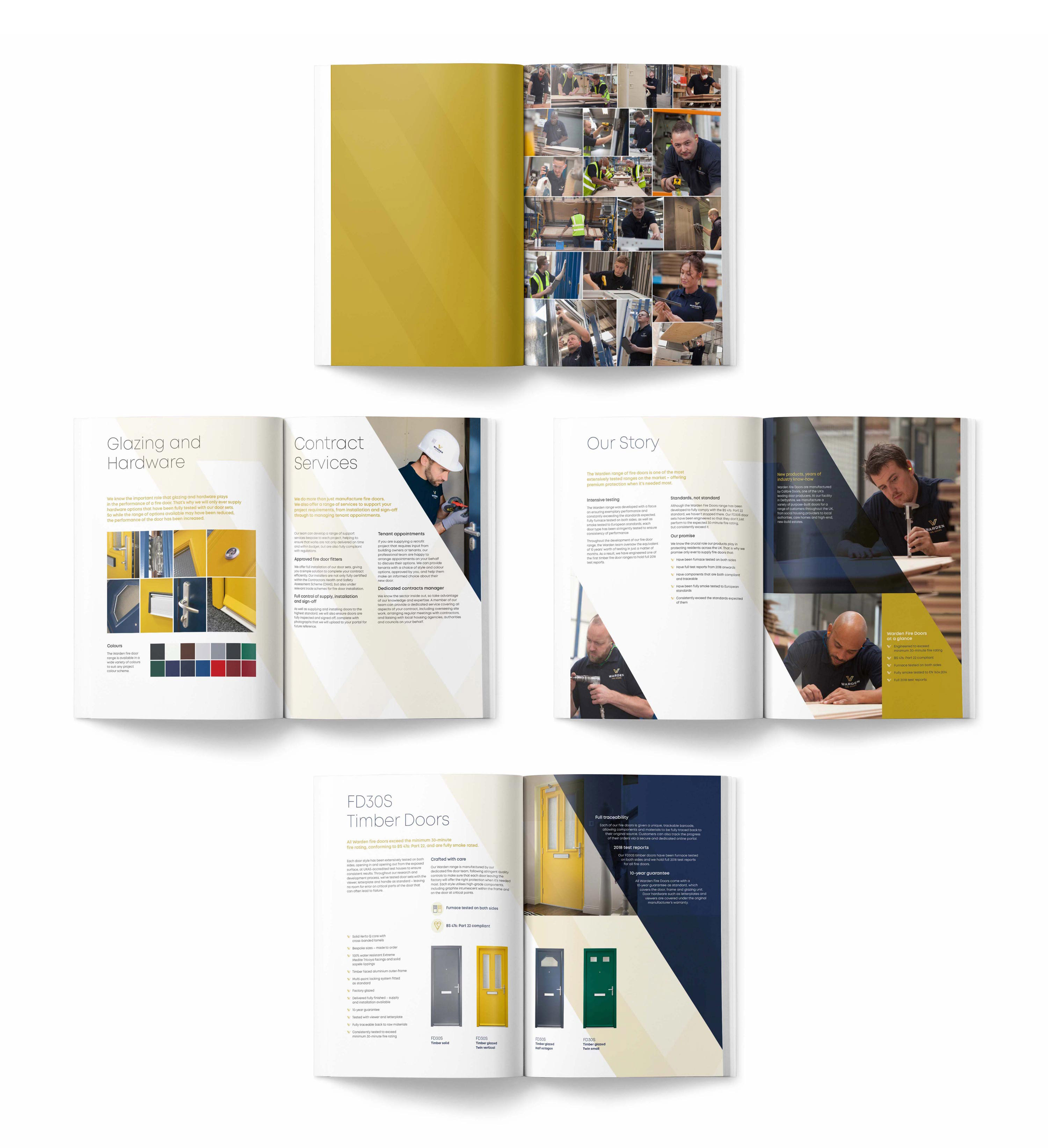 Inner pages from the Warden Fire Doors brochure, designed by branding agency Mighty