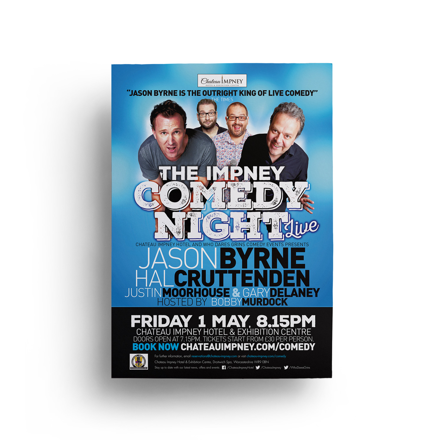 Chateau Impney Comedy Night poster designed by Mighty, hotel marketing agency Worcester