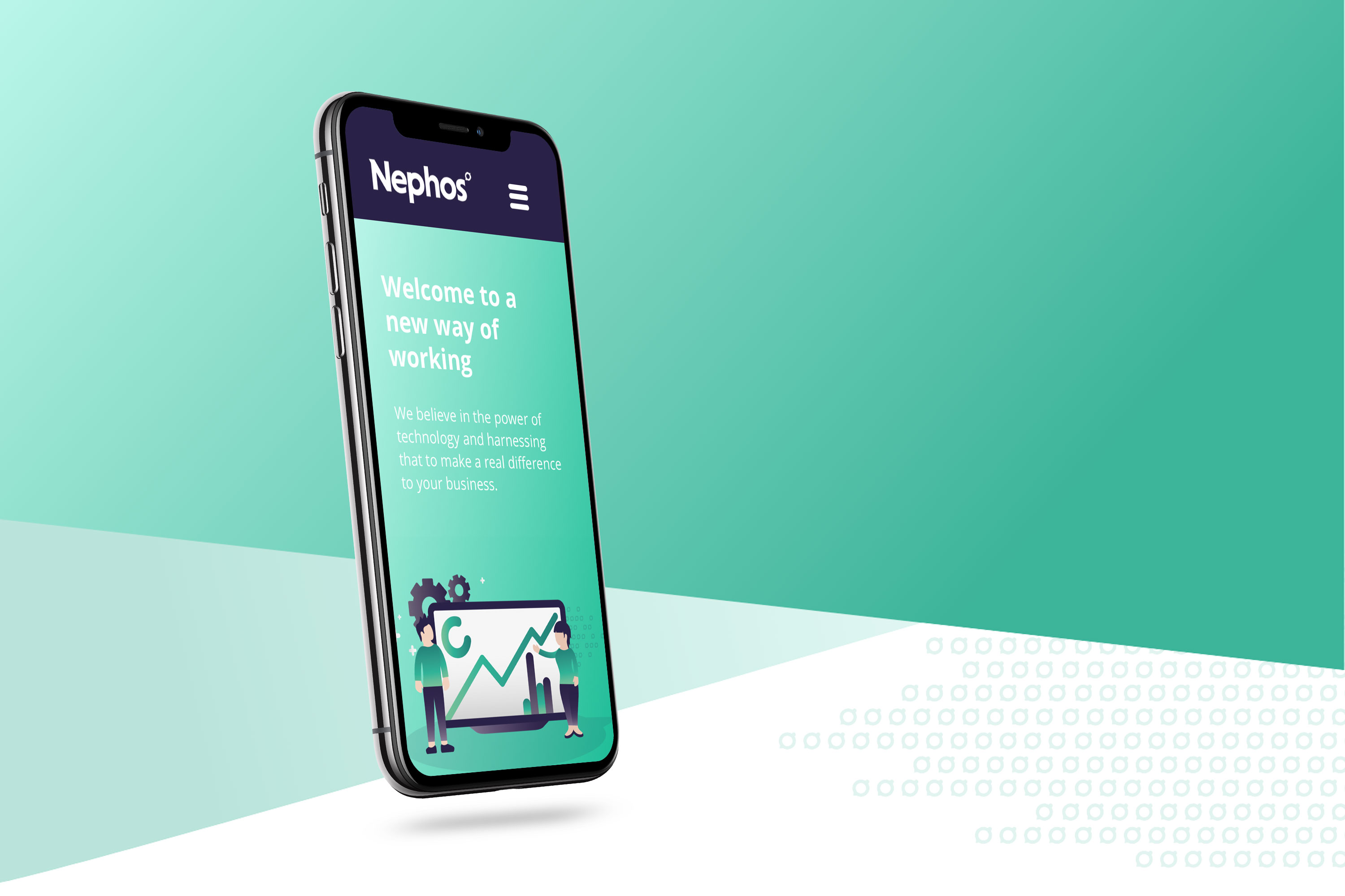 Nephos website shown on a mobile phone, designed by Mighty, design agency Cheltenham