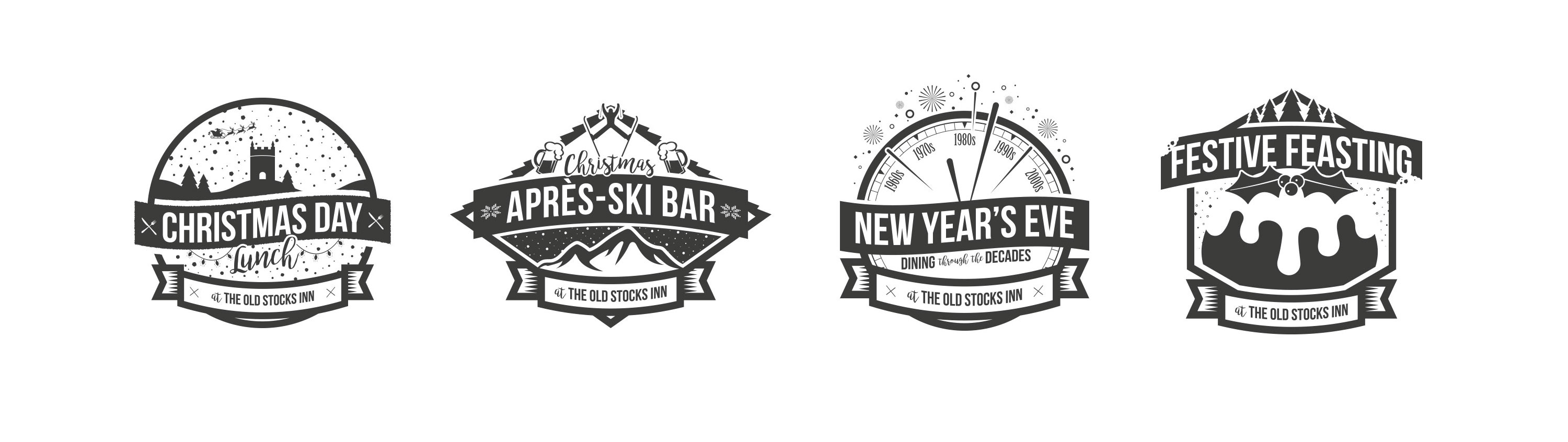 Christmas event icons designed for The Old Stocks Inn by Mighty, hotel marketing agency
